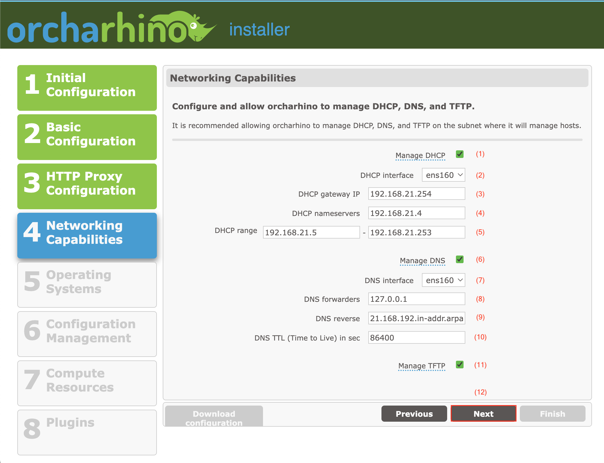 Selecting network capabilities in orcharhino Web Installer