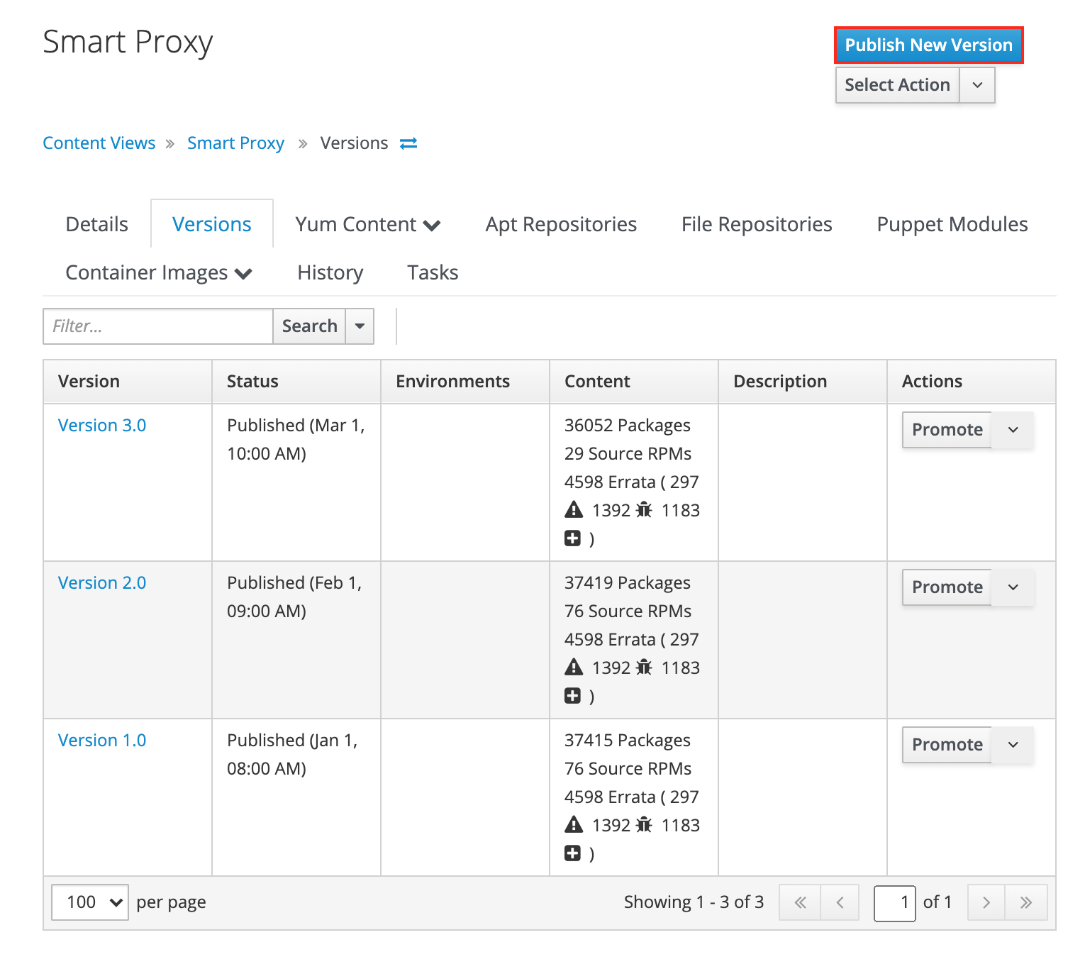 Publishing a new version of the content view