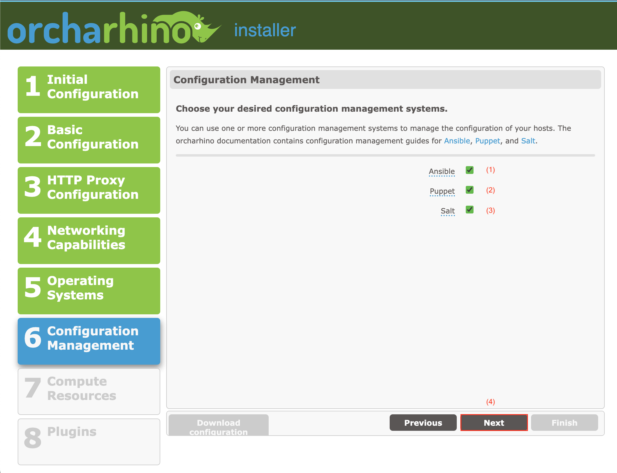 Selecting configuration management solutions in orcharhino Web Installer