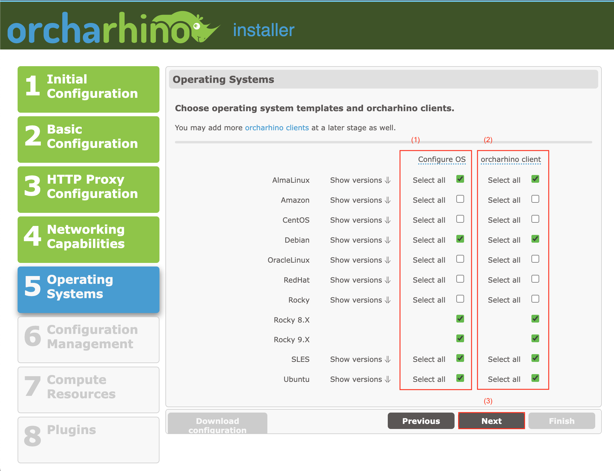 Selecting operating systems in orcharhino Web Installer