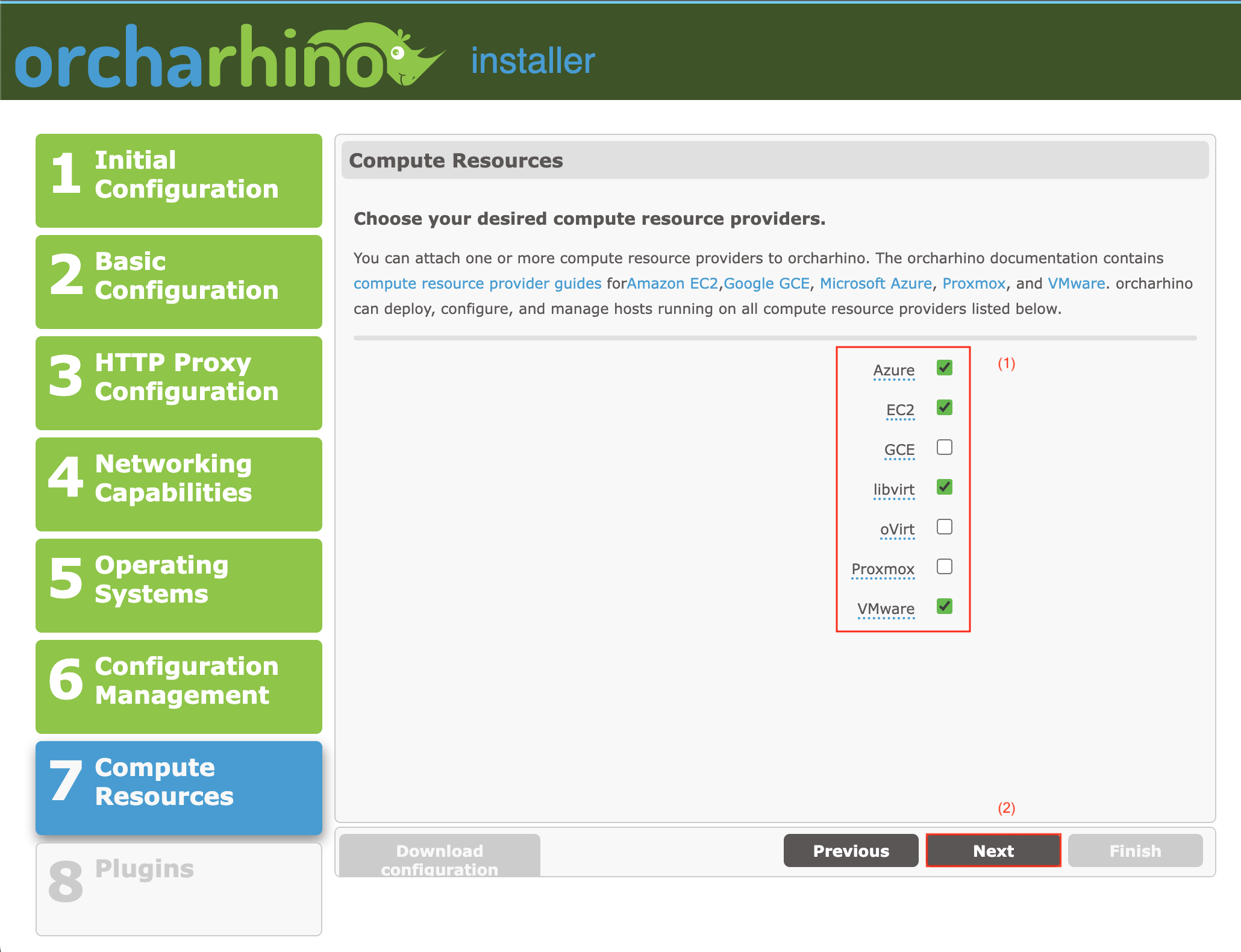 Selecting compute resources in orcharhino Web Installer