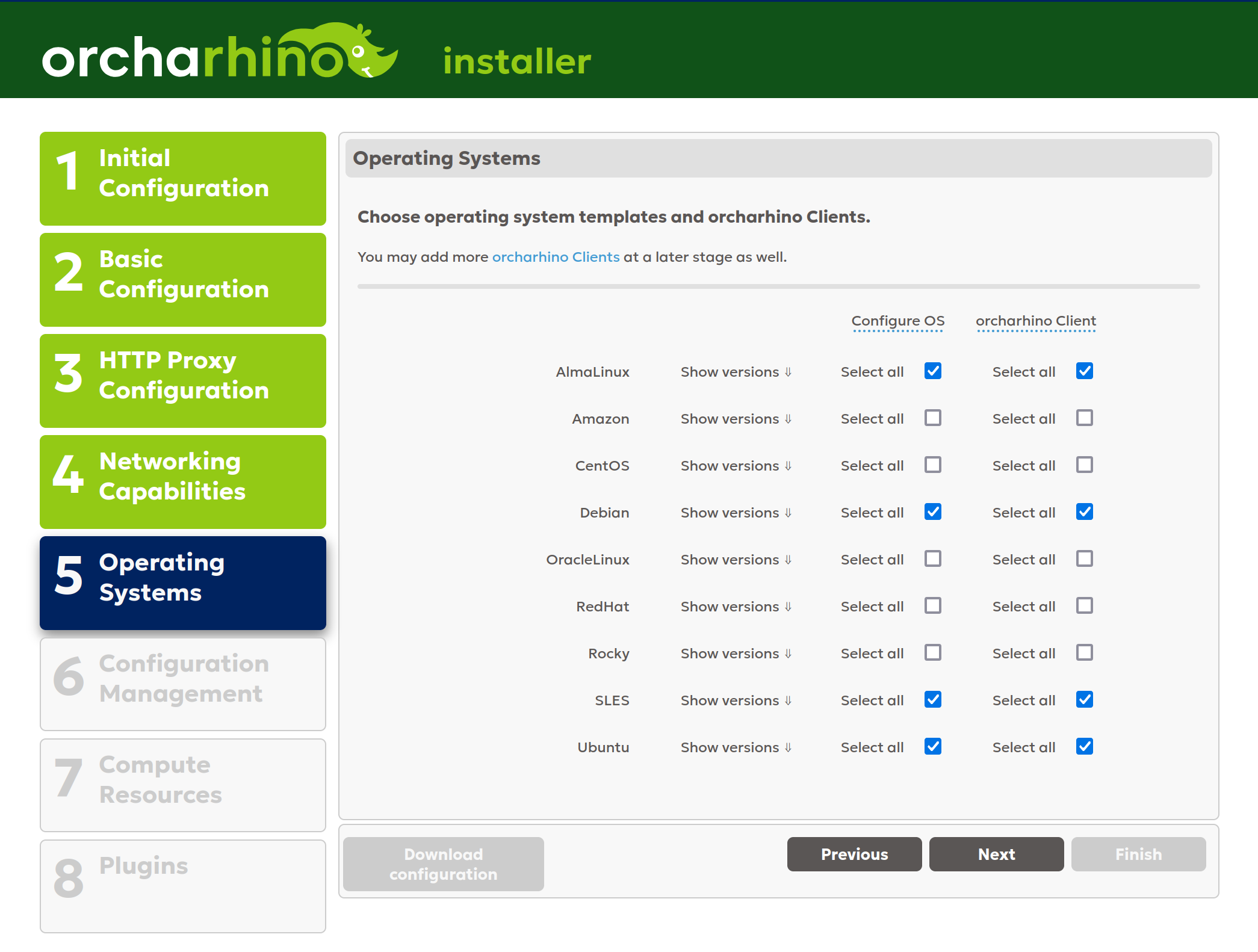 Selecting operating systems in orcharhino Installer GUI