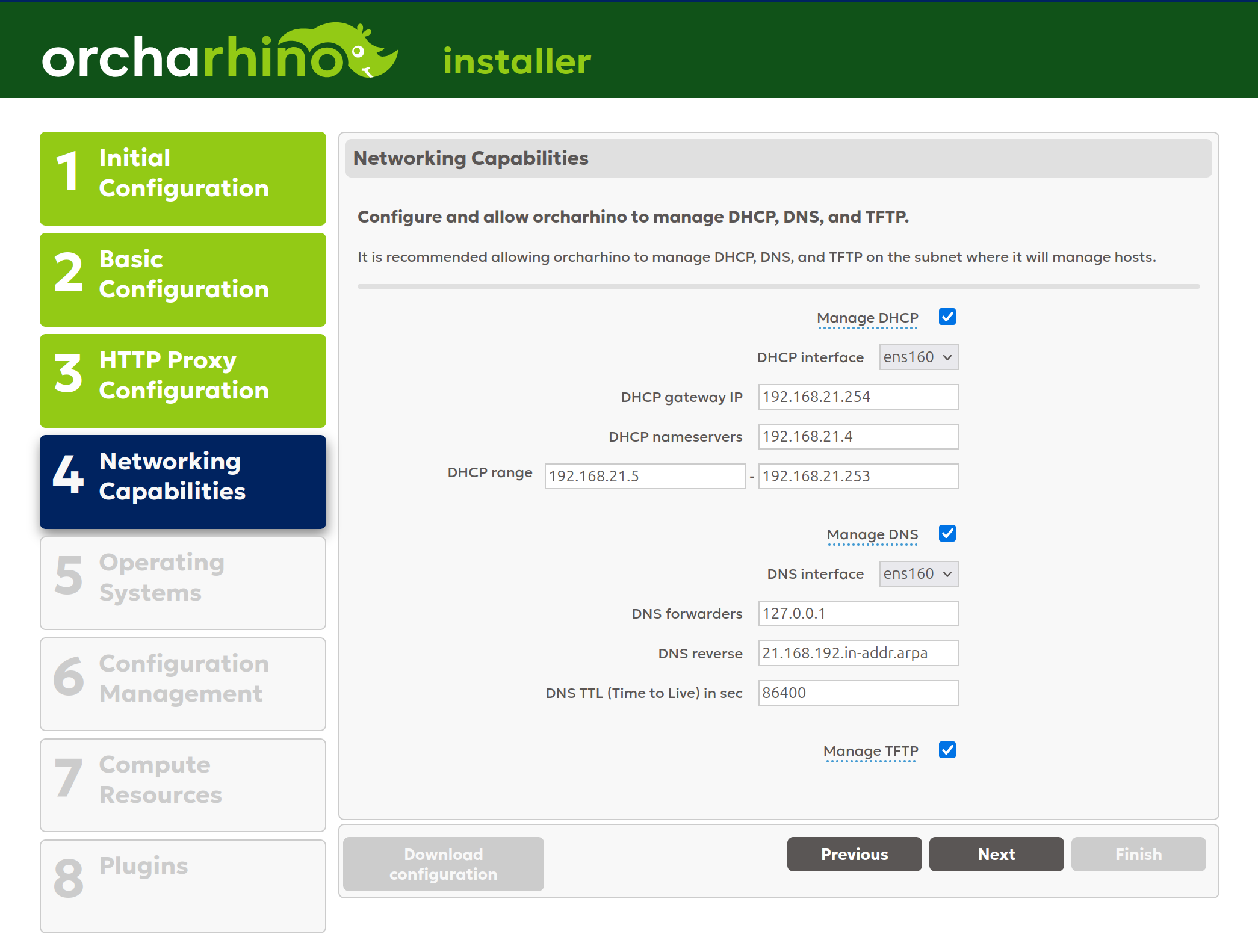 Selecting network capabilities in orcharhino Installer GUI