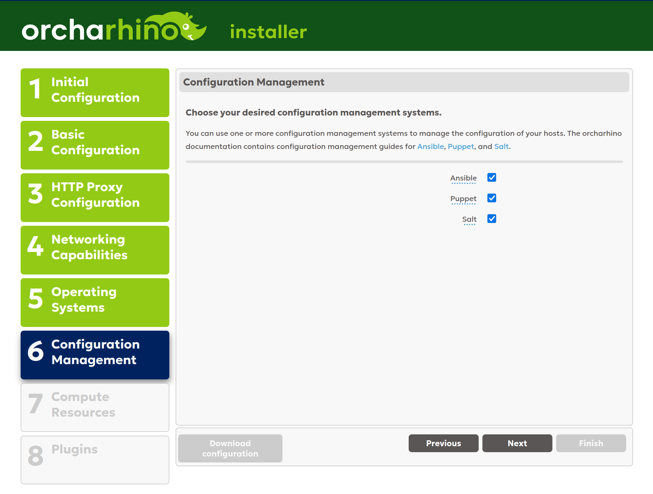 Selecting configuration management solutions in orcharhino Installer GUI