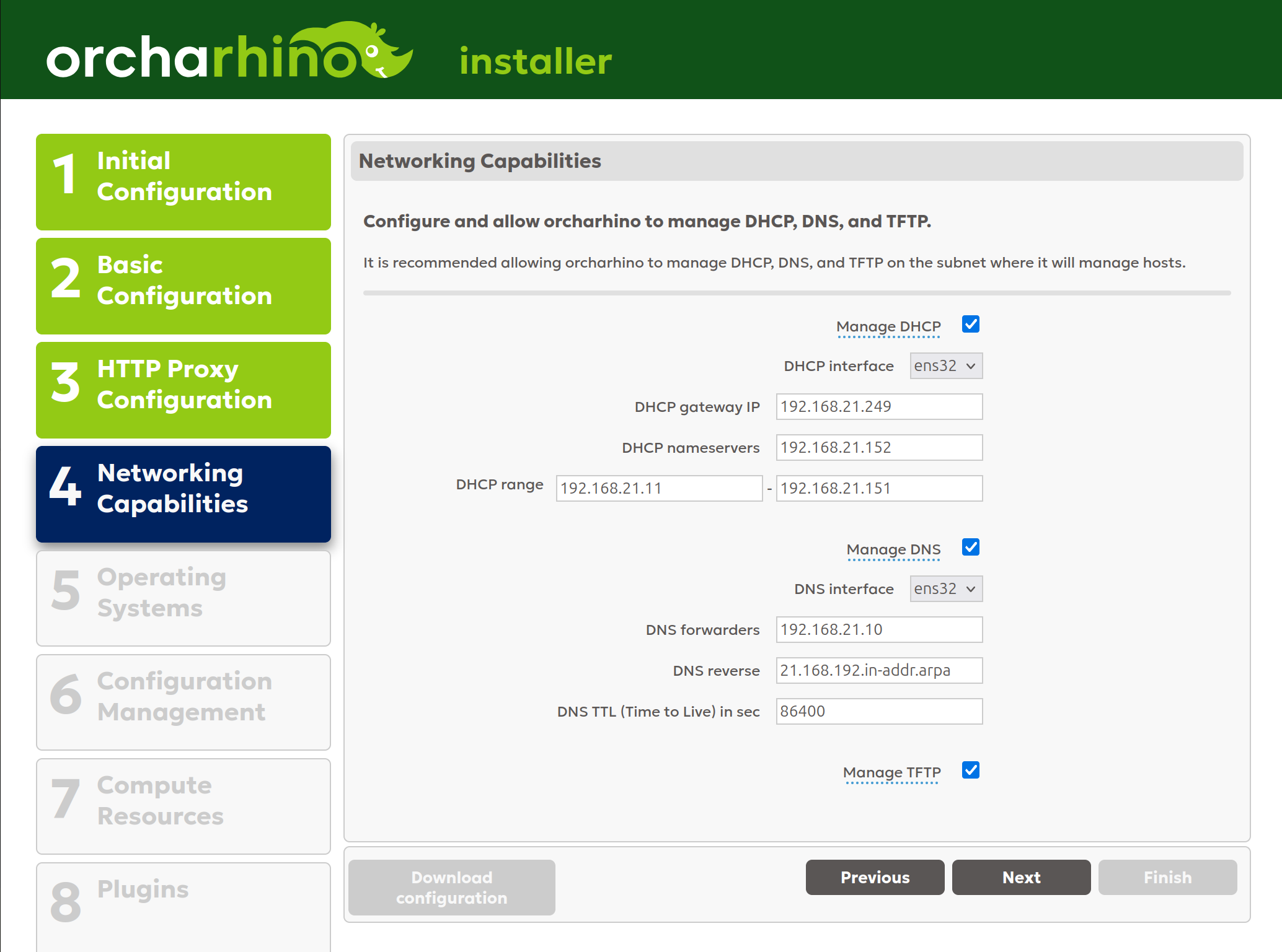 Selecting network capabilities in orcharhino Installer GUI