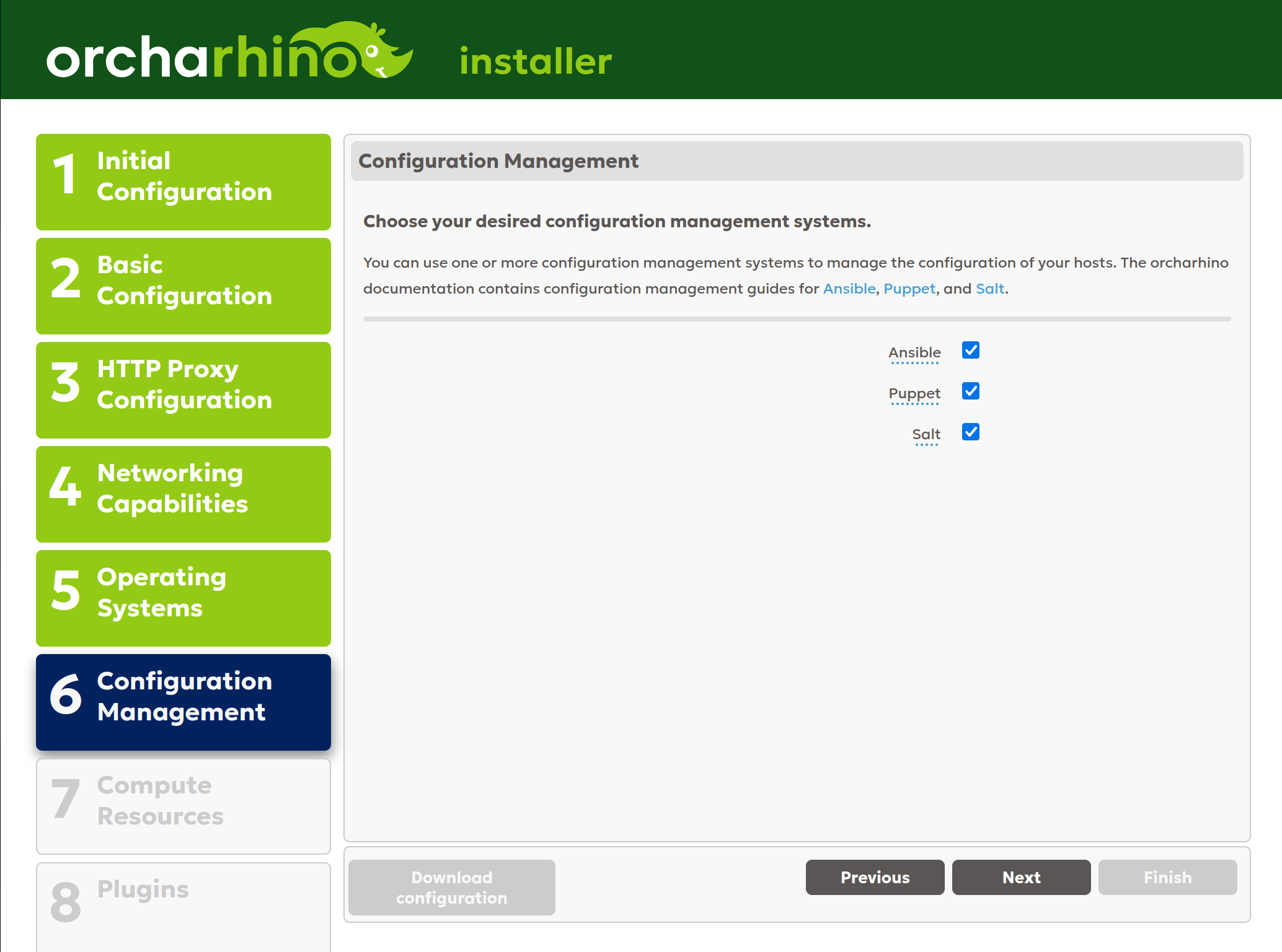 Selecting configuration management solutions in orcharhino Installer GUI