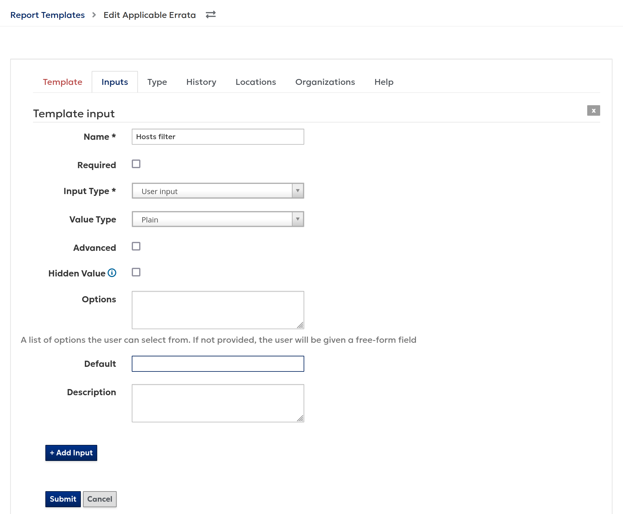 Adding a filter to the inputs tab
