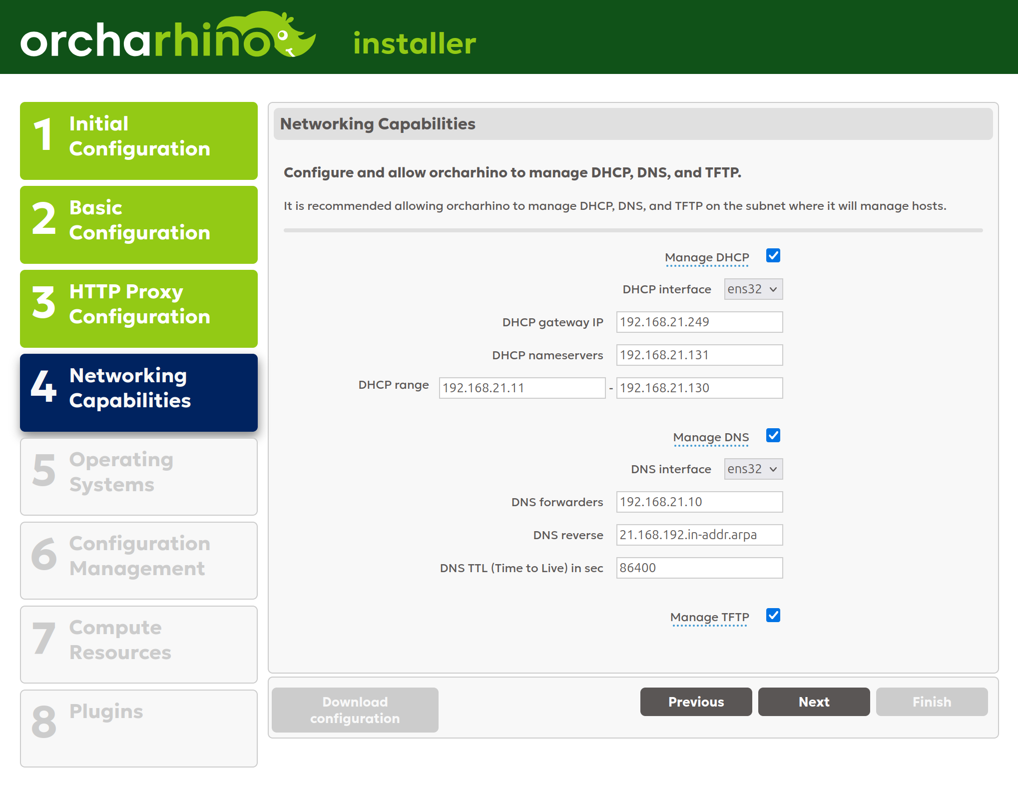 Selecting network capabilities in orcharhino Installer GUI