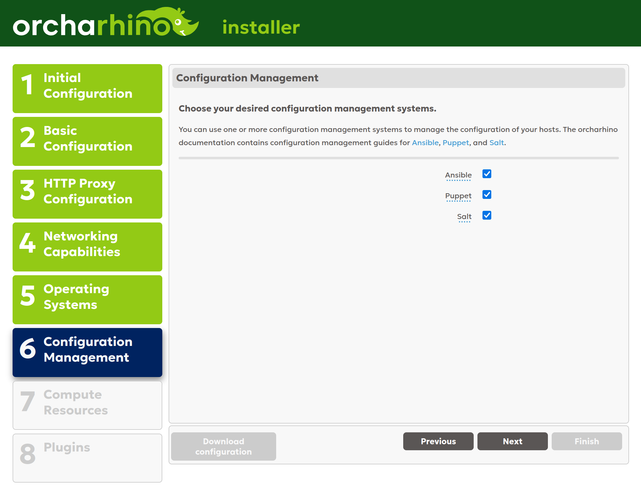 Selecting configuration management solutions in orcharhino Installer GUI