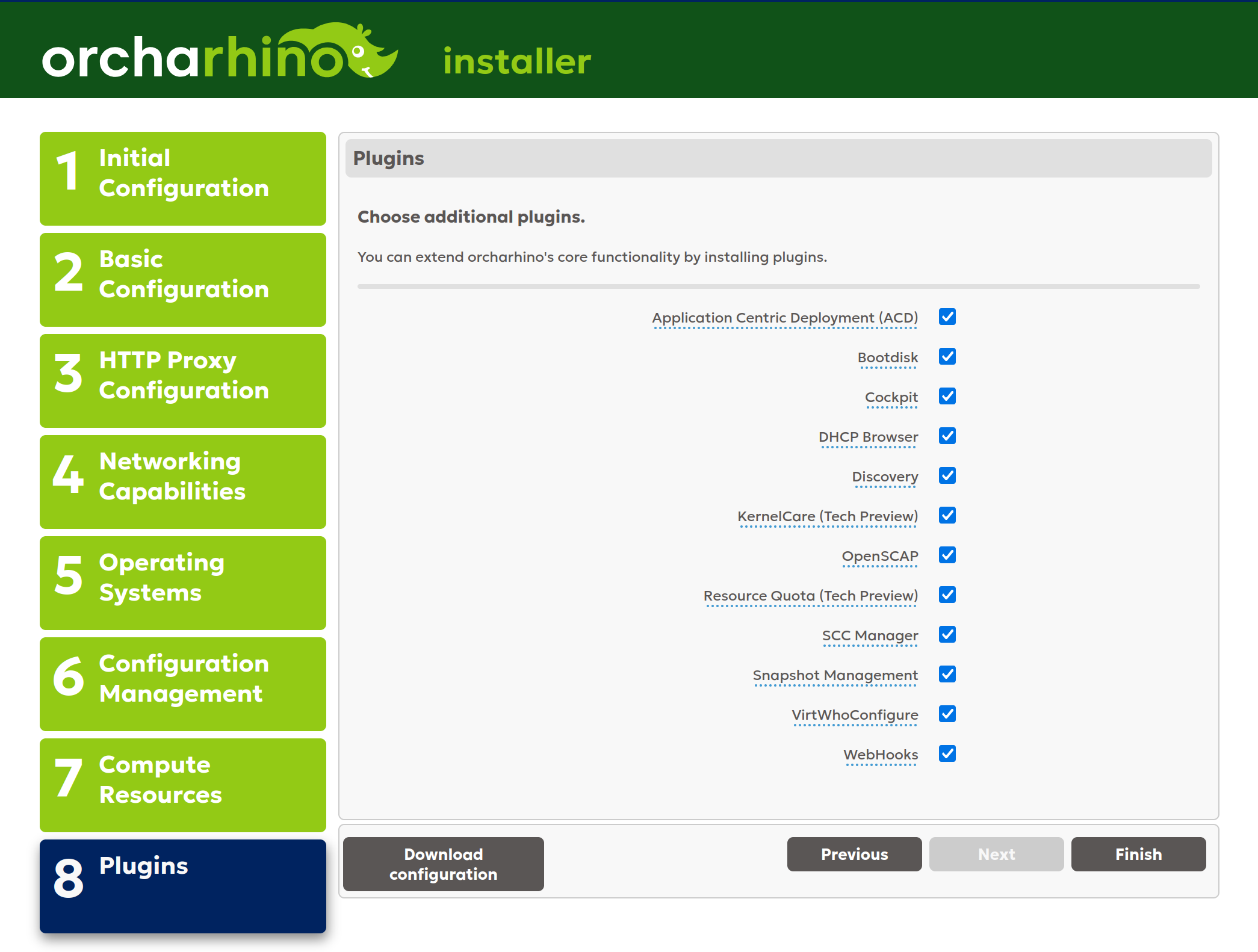 Selecting plugins in orcharhino Installer GUI